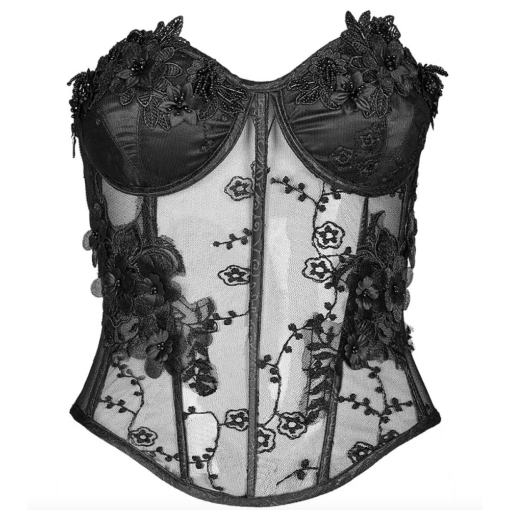 Punk Rave Black Palace Corset Top Floral Mesh Gothic‎ Lace Up WY-1119 Womens M